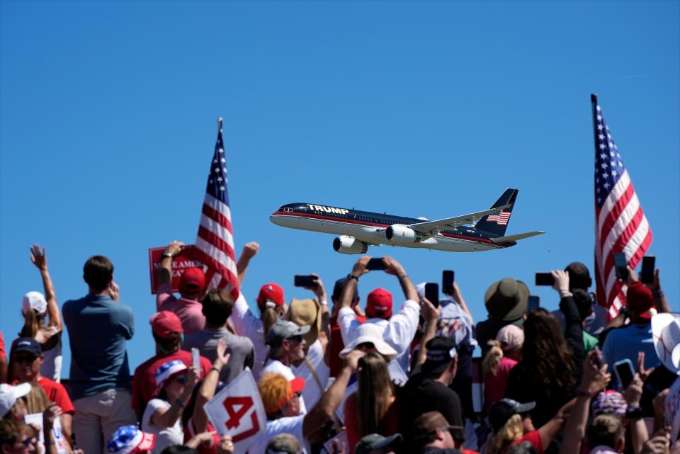 Donald Trump’s plane lands at the site of his North Carolina rally on Saturday afternoon. Lieutenant Governor Mark Robinson planned to attend but will no longer make an appearance following a bombshell report that revealed he made several shocking remarks on a porn forum (AP)