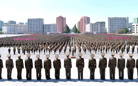 Members of the People's Security Council take part an anti-U.S. rally, in this September 23, 2017 photo released by North Korea's Korean Central News Agency (KCNA) in Pyongyang. - Credit: REUTERS