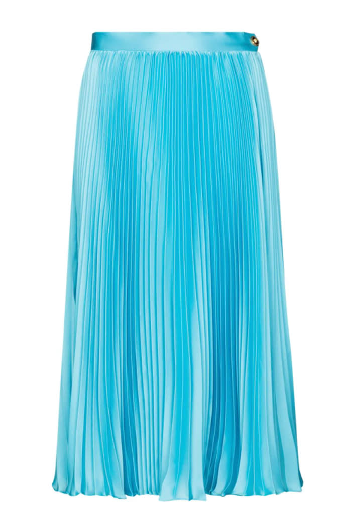 versace midi skirt, hailee steifeld versace skirt, blue pleated skirt