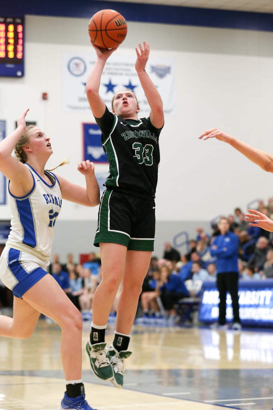 Zionsville Mckenzie Chapman (33) with the short jump shot as Zionsville takes on Hamilton Southeastern High School in the S8 IHSAA Class 4A Girls Basketball State Semi-finals; Feb 2, 2024; Fishers, IN, USA; at Hamilton Southeastern High School.