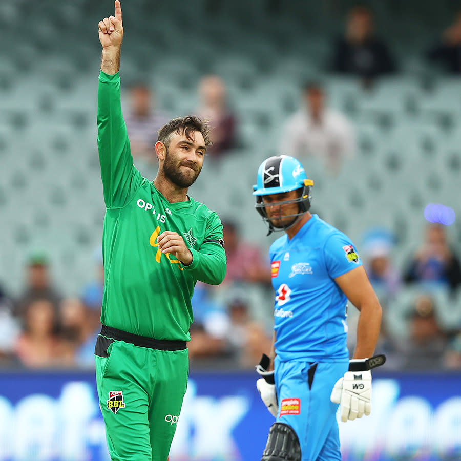 Glenn Maxwell, pictured here pointing to the heavens after dismissing Phil Salt in the Big Bash.