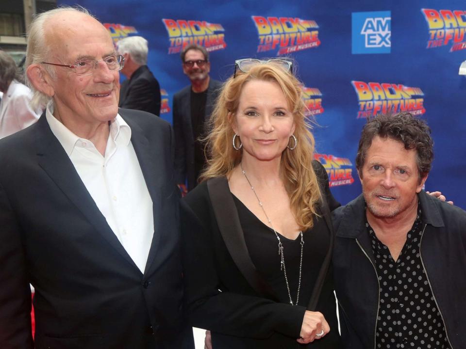 PHOTO: From left, Christopher Lloyd, Lea Thompson and Michael J. Fox attend the opening night gala performance 'Back to the Future: The Musical' at The Winter Garden Theatre, July 25, 2023, in New York City. (Bruce Glikas/WireImage/Getty Images)