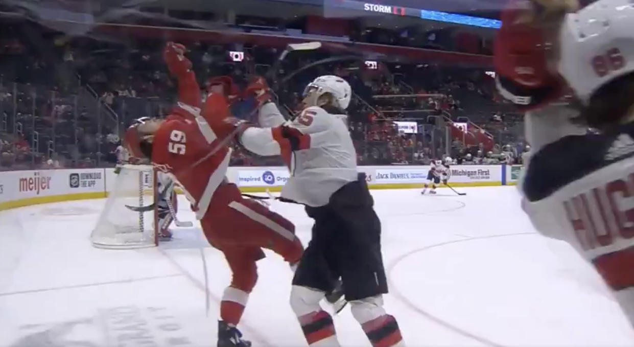 John Hayden of the New Jersey Devils decided to show Tyler Bertuzzi of the Detroit Red Wings his best Zdeno Chara impression on Tuesday. (Twitter/HeresYourReplay)