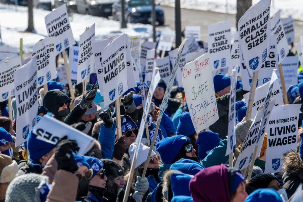 Minneapolis teachers on strike rally at the capitol for lawmakers to put some of the state’s projected $9.3 billion budget surplus toward education funding, a living wage and safe stable schools. (Photo by: Michael Siluk/UCG/Universal Images Group via Getty Images)