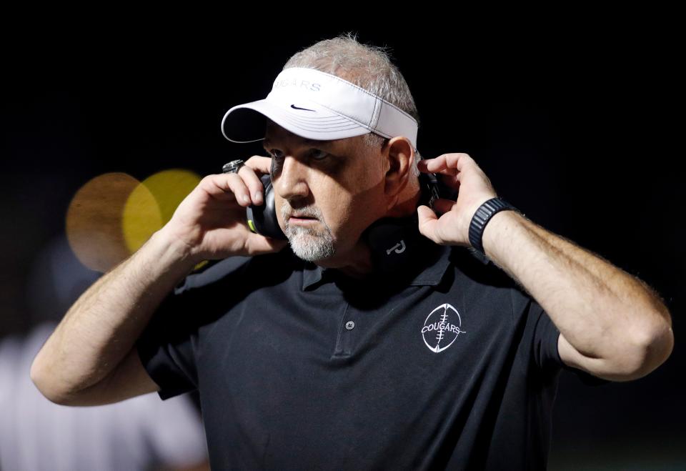 Lansing Catholic coach Jim Baker is shown against Pewamo-Westphalia, Friday, Oct. 21, 2022, in Lansing. Lansing Catholic won 42-7.