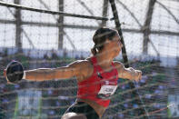 Valarie Allman competes in the women's discus throw during the U.S. track and field championships in Eugene, Ore., Sunday, July 9, 2023. (AP Photo/Ashley Landis)