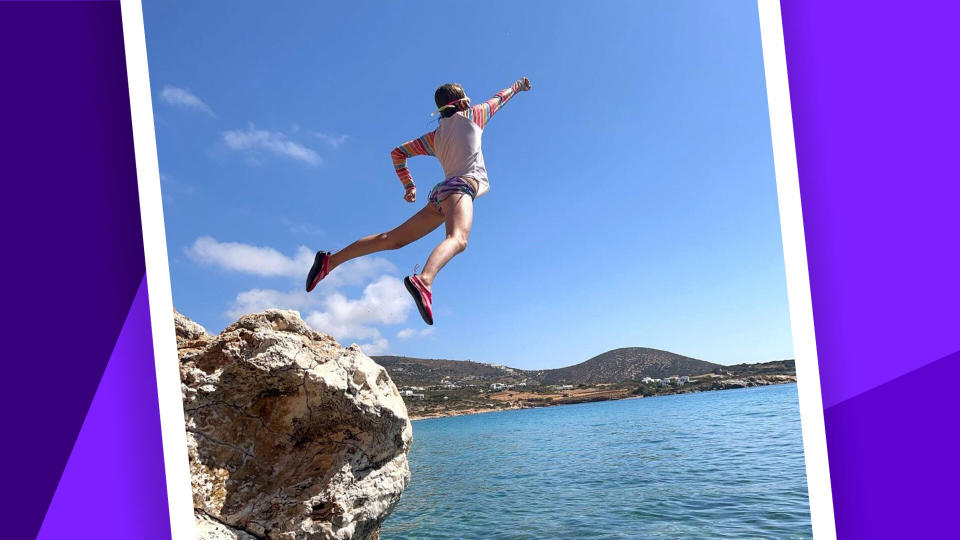 The Almond family left Colorado in June to worldschool their kids for a year. Here, their daughter cliff jumps on Paros Island, Greece. 