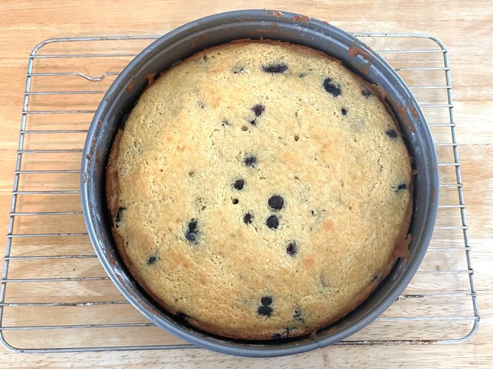 Ina Garten's Blueberry Ricotta Breakfast Cake out of the oven