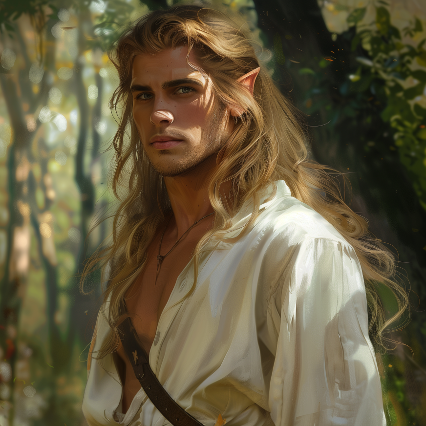 Illustration of a fantasy character with pointed ears and long hair, wearing a loose shirt and a leather strap across the chest