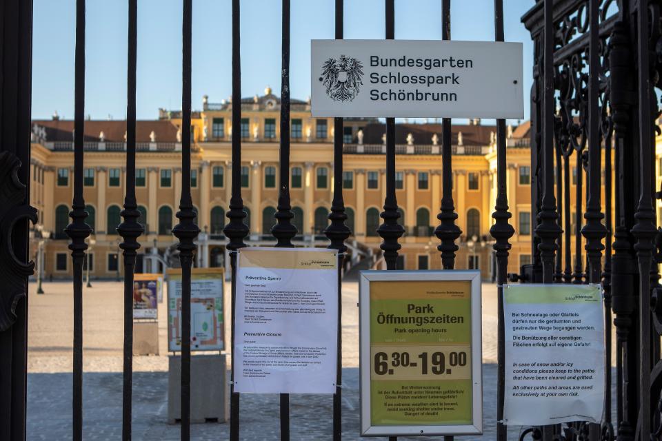 VIENNA, AUSTRIA - MARCH 15: Schoenbrunn Palace without tourists, with warning signs and information about the COVID-19 measures as Coronavirus affects everyday life in Austria at Schloss Schoenbrunn on March 15, 2020 in Vienna, Austria. (Photo by Johann Schwarz/SEPA.Media /Getty Images)