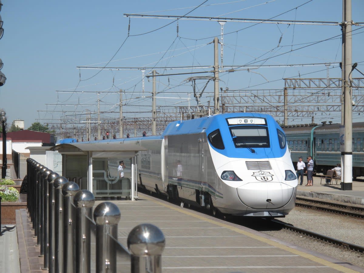 Change here: Afrosiyob high-speed train at Samarkand station, Uzbekistan (Simon Calder)