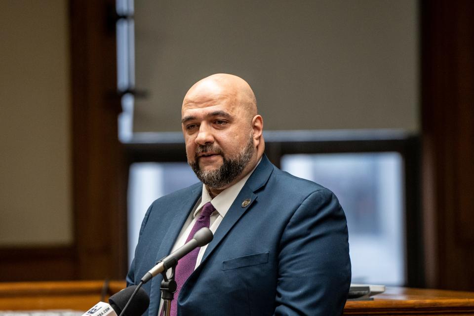 Prospect Park Mayor Mohamed Khairullah speaks during a ceremony to swear in Nadia Kahf (not shown) as judge of the New Jersey Superior Court during a ceremony in Paterson on Tuesday, March 21, 2023.