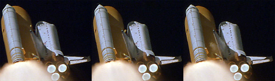 Three frames from a NASA tracking camera show foam separating from the shuttle Columbia's external tank (left), tumbling toward the left wing just under the orbiter's nose (center) and then emerging from under the wing as a cloud of debris. / Credit: NASA