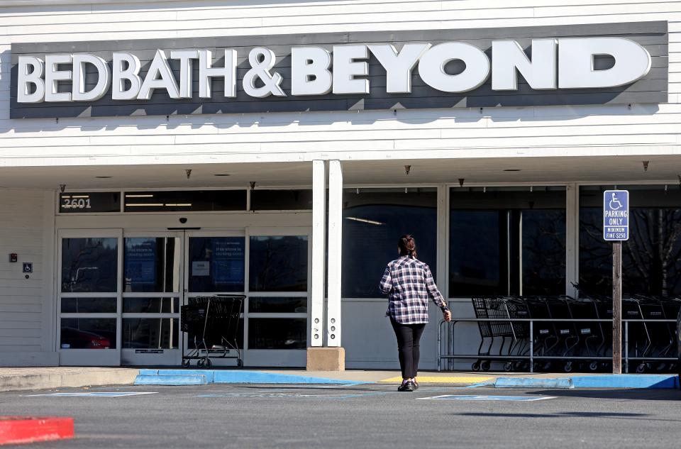 A customer walks up to a closed Bed Bath and Beyond store on February 08, 2023 in Larkspur, California.