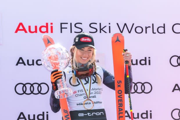 Mikaela Shiffrin wins her 5th Overall championship in Soldeu, Andorra on <em>March 19, </em>2023 <p><a href="https://www.shutterstock.com/image-photo/soldeu-andorra-2023-march-19-mikaela-2278883859" rel="nofollow noopener" target="_blank" data-ylk="slk:Shutterstock/martin SC photo;elm:context_link;itc:0;sec:content-canvas" class="link ">Shutterstock/martin SC photo</a></p>