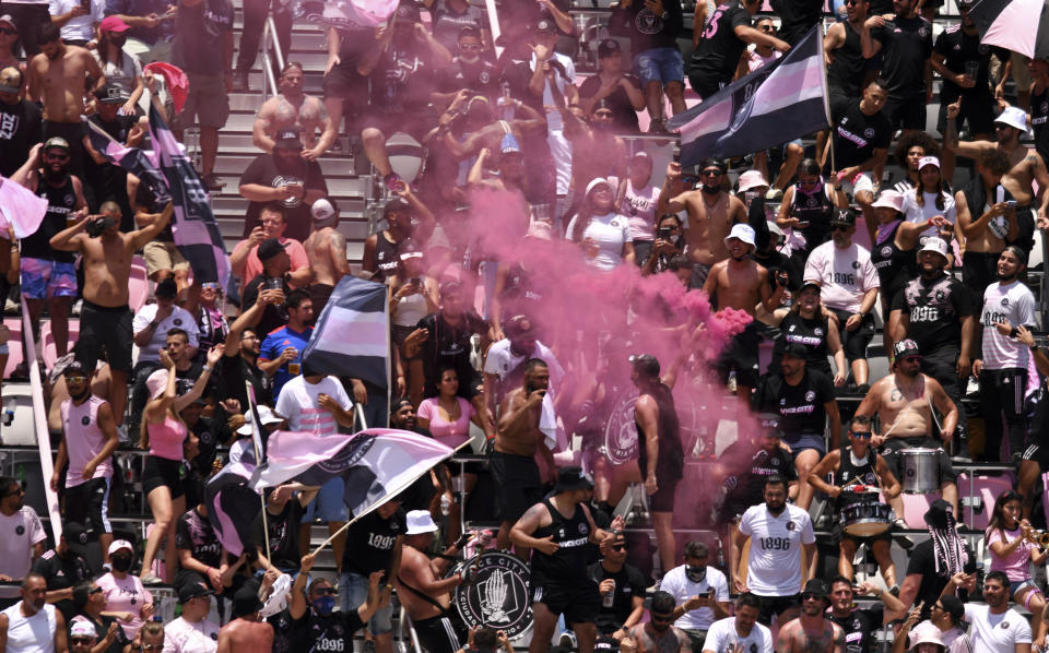 Inter Miami fans cheer on their team against Atlanta United during the first half of an MLS soccer match, Sunday, May 9, 2021, in Fort Lauderdale, Fla. (AP Photo/Jim Rassol)