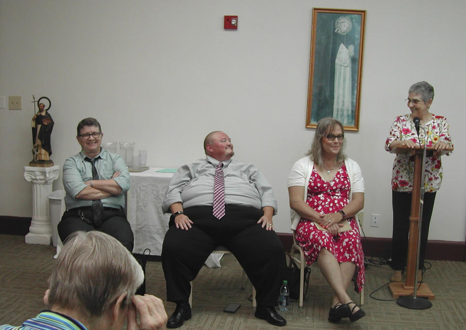 In this photo provided by Sister Luisa Derouen, right, a nun who has spent years ministering to transgender people, she leads a panel on transgender issues at the St. Catharine Motherhouse in St. Catharine, Ky., on June 8, 2019. Derouen says she was “deeply offended” by the Los Angeles Dodgers’ decision to honor the satirical LBGTQ+ group Sisters of Perpetual Indulgence in 2023. “I have spent about 30 years passionately trying to help people understand and respect the lives of gay, lesbian and trans people,” she added. “Women religious are their best allies in the Catholic Church — we don’t deserve for our lives to be caricatured in this kind of demeaning way.” (Sr. Elaine DeRosiers via AP)