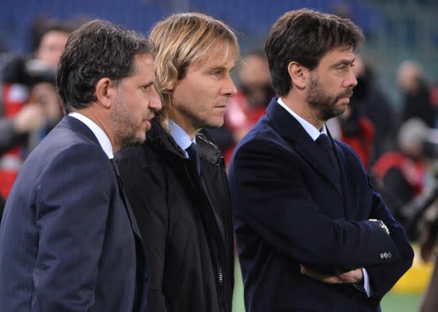 Andrea Agnelli (R), president of Juventus, with Pavel Nedved (C) and Fabio Paratici, before Italian serie A soccer match, SS Lazio vs Juventus Fc, at the Olimpico stadium in Rome, Italy, 04 December 2015.  ANSA / MAURIZIO BRAMBATTI (Photo: MAURIZIO BRAMBATTIANSA)