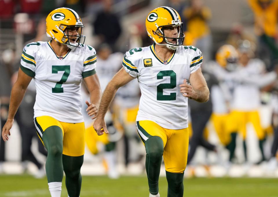 Green Bay Packers kicker Mason Crosby celebrates after kicking the winning field goal against the San Francisco 49ers on Sept. 26, 2021.