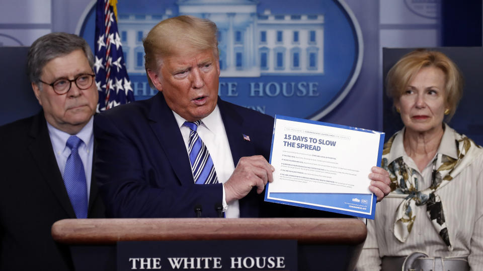 President Donald Trump speaks about the coronavirus as Attorney General William Barr and Dr. Deborah Birx, the White House coronavirus response coordinator, listen. (Photo: Alex Brandon/ASSOCIATED PRESS)