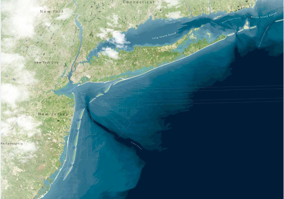 This artist rendering provided by WXY/West 8/Stevens Institute of Technology shows a proposed project to create a string of artificial barrier islands off the coast of New Jersey and New York to protect the shoreline from storm surges like the ones that caused billions of dollars’ worth of damage during Superstorm Sandy. The “Blue Dunes” project, conceived by New Jersey’s Stevens Institute of Technology and two architectural firms, would cost $10 billion to $12 billion, and would stretch from central Long Island, N.Y., to the southern tip of Long Beach Island in New Jersey. Many logistical, political, financial and technical issues would have to be overcome before the project could be built. It is part of the Rebuild By Design contest being held by the U.S. Department of Housing and Urban Development to solicit new ideas to protect the region from future storms. (AP Photo/WXY/West 8/Stevens Institute of Technology)