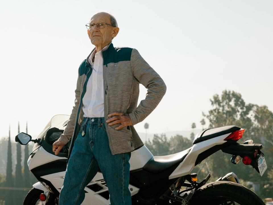 Dr. David Baylink, 92, often drives his 5-mile commute to work on this motorcycle.