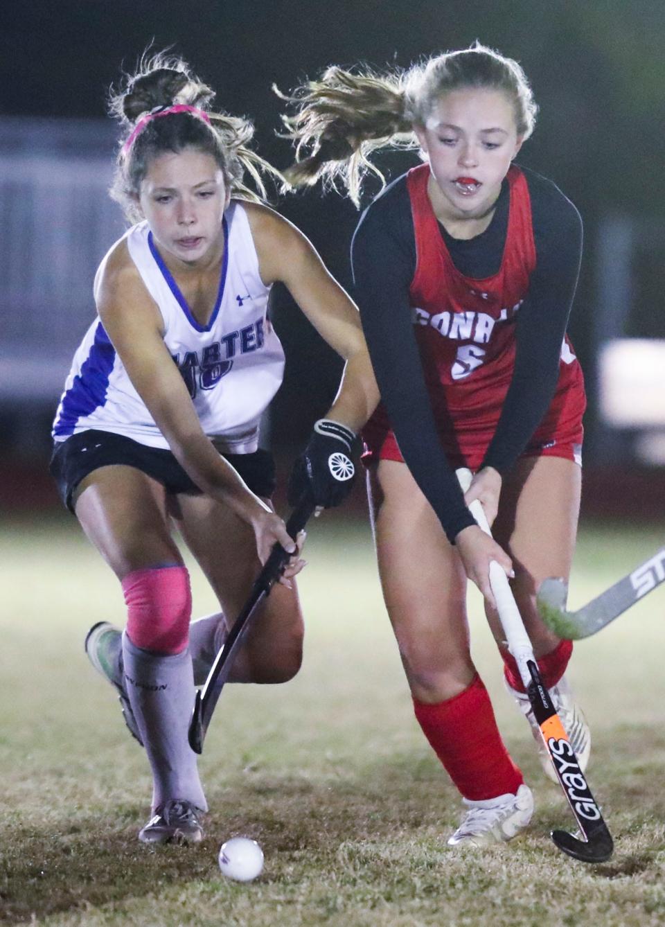 Wilmington Charter's Ella Stack (left) and Conrad's Kayla Dillon converge in the second half of Charter's 9-0 win Wednesday, Oct.19, 2022.
