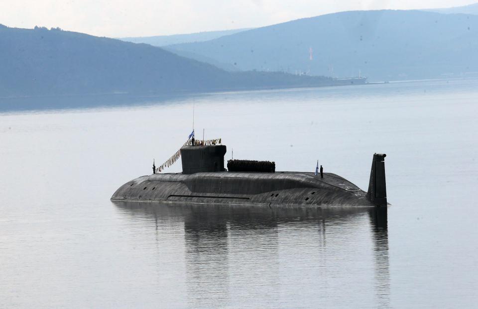 Russian nuclear submarine Yuri Dolgorukiy (NATO reporting name: SSBN "Borei", or "Dolgorukiy") is seen during the Navy Day Military parade July, 27, 2014, in Severomorsk.