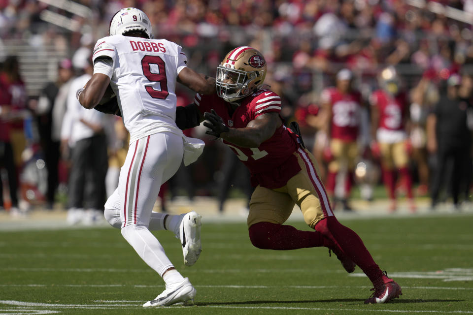 Joshua Dobbs (9) and the Cardinals are hanging tough with the NFC powerhouse 49ers in the late window of NFL Week 4. (AP Photo/Godofredo A. Vásquez)