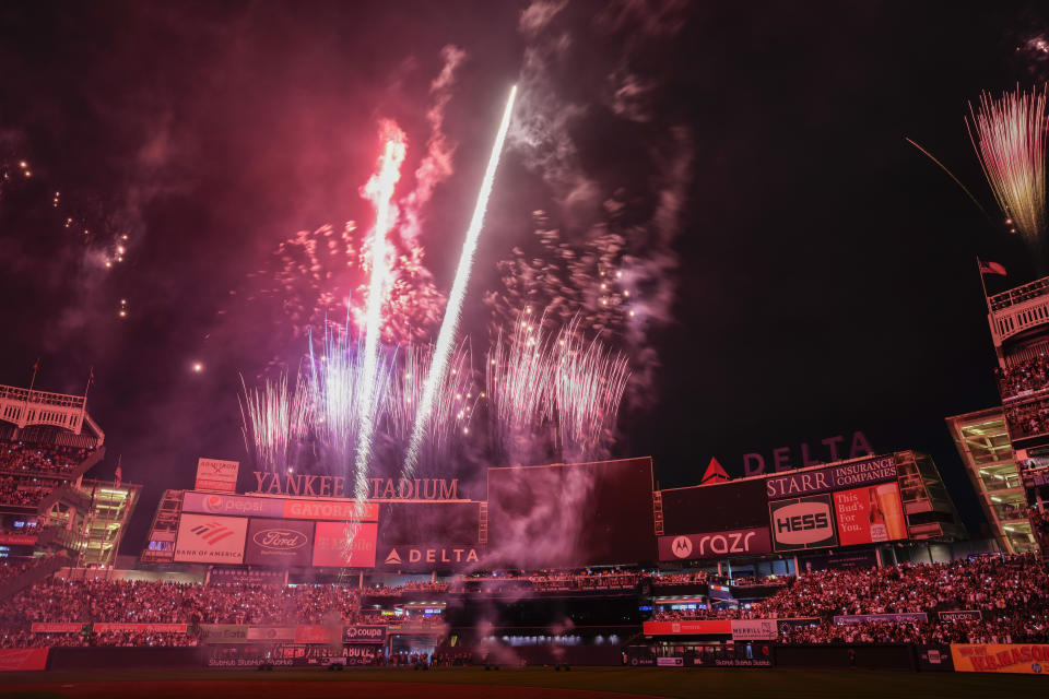 New York Yankees fans enjoy a pyrotechnics display after a baseball game against the Baltimore Orioles, Monday, July 3, 2023, in New York. (AP Photo/Frank Franklin II)