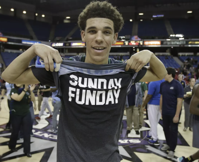 Lonzo Ball shows off his shirt in 2016 after going 35-0 with Chino Hills.