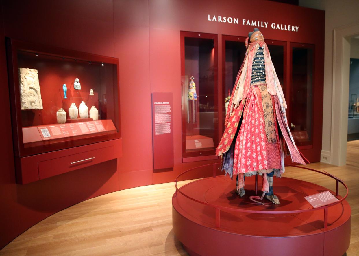 An Egungun Masquerade Costume of cloth, wood, paint, shells and cotton yarn sits Wednesday, Nov. 15, 2023, at the Raclin Murphy Museum of Art set to open to the public Dec. 1-3 on the campus of the University of Notre Dame.