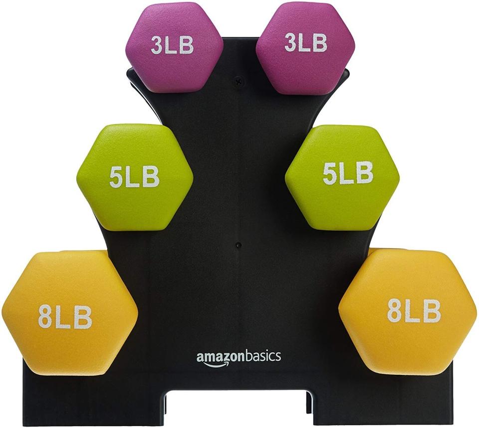 Find this AmazonBasics Neoprene Dumbbell Weight Set for $42 on <a href="https://amzn.to/38RcKAq" target="_blank" rel="noopener noreferrer">Amazon</a>.