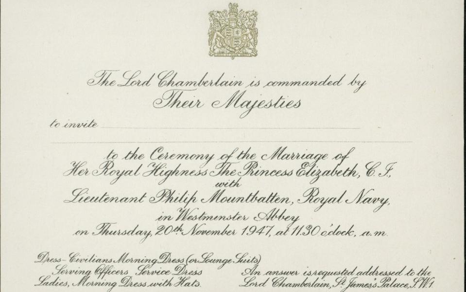 Undated handout photo issued by the Royal Collection Trust of the invitation from the wedding of Queen Elizabeth II, then Princess Elizabeth, and the Duke of Edinburgh, then Lieutenant Philip Mountbatten, one of the items which will feature in Prince Philip: A Celebration. Two special displays to celebrate the life and legacy of the Duke of Edinburgh at Windsor Castle and the Palace of Holyroodhouse this summer. The two separate exhibitions will chart significant events and achievements in the duke's life through a total of more than 150 objects. Issue date: Monday June 7, 2021. PA Photo. See PA story Royalty Philip. Photo credit should read: Royal Collection Trust/Her Majesty Queen Elizabeth II 2021/PA Wire NOTE TO EDITORS: This handout photo may only be used in for editorial reporting purposes for the contemporaneous illustration of events, things or the people in the image or facts mentioned in the caption. Reuse of the picture may require further permission from the copyright holder. - Royal Collection Trust/Her Majesty Queen Elizabeth II 2021/PA Wire