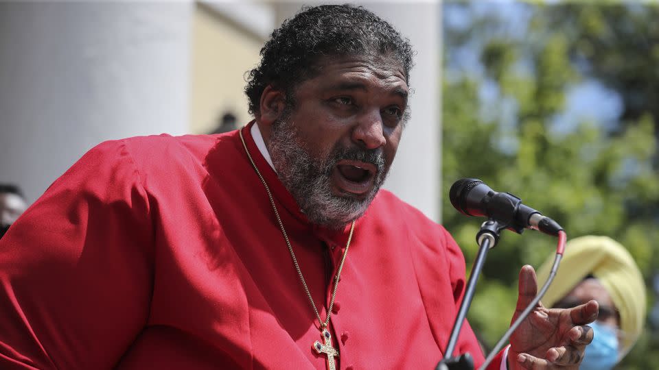 The Rev. Dr. William J. Barber II , seen above speaking in Washington, DC, is an activist and civil rights leader who identifies as an evangelical Christian. However, he rejects the political beliefs associated with White Christian nationalism. - Oliver Contreras/For The Washington Post/Getty Images