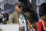 LIV Golf CEO Greg Norman stands on a tee box during the final round of the inaugural LIV Golf Invitational at the Centurion Club in St. Albans, England, Saturday, June 11, 2022. (AP Photo/Alastair Grant)