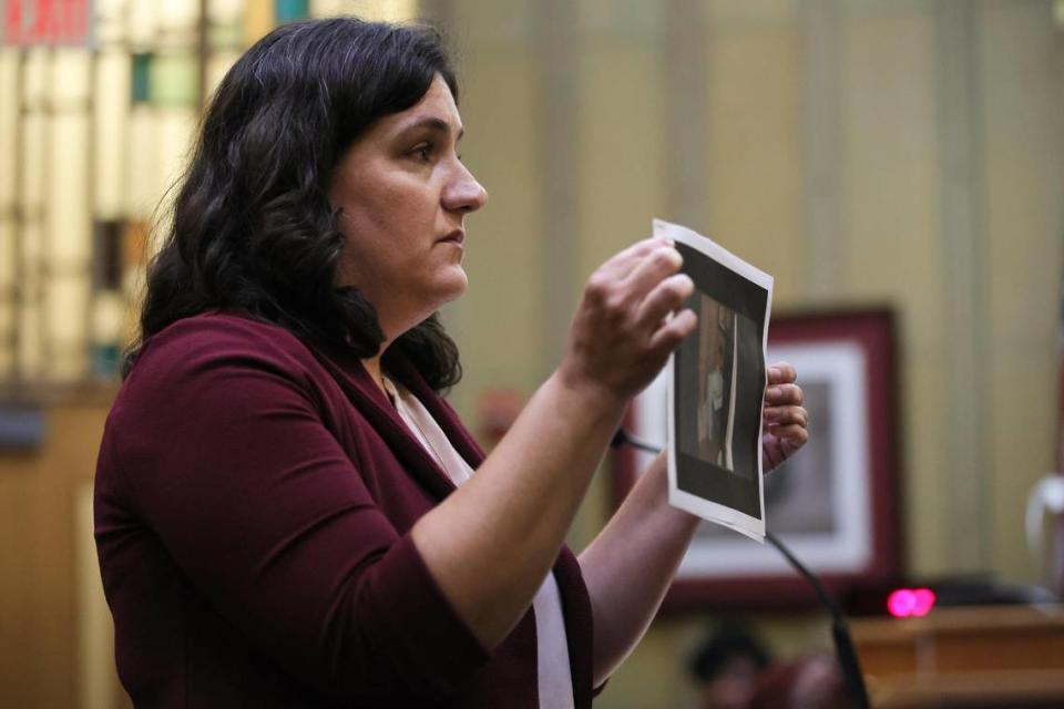 Prosecutor Natalie Snyder addresses the jury during the opening arguments in the trial of Dale Ewers at the Richard E. Gerstein Justice Building in Miami, Florida, Monday, February 26, 2024. Ewers was accused of a 1990 rape and murder in South Beach.