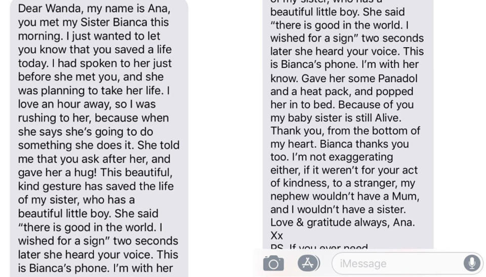 An hour later, the woman received a text message saying her hug saved the woman's life, who was planning on taking her own life. Source: Wanda Rowan/ Facebook 