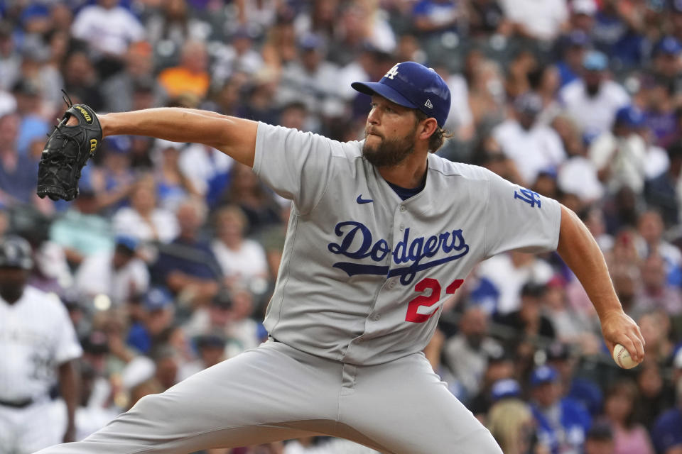 Los Angeles Dodgers starting pitcher Clayton Kershaw throws to a Colorado Rockies batter during the second inning of a baseball game Tuesday, June 28, 2022, in Denver. (AP Photo/Jack Dempsey)