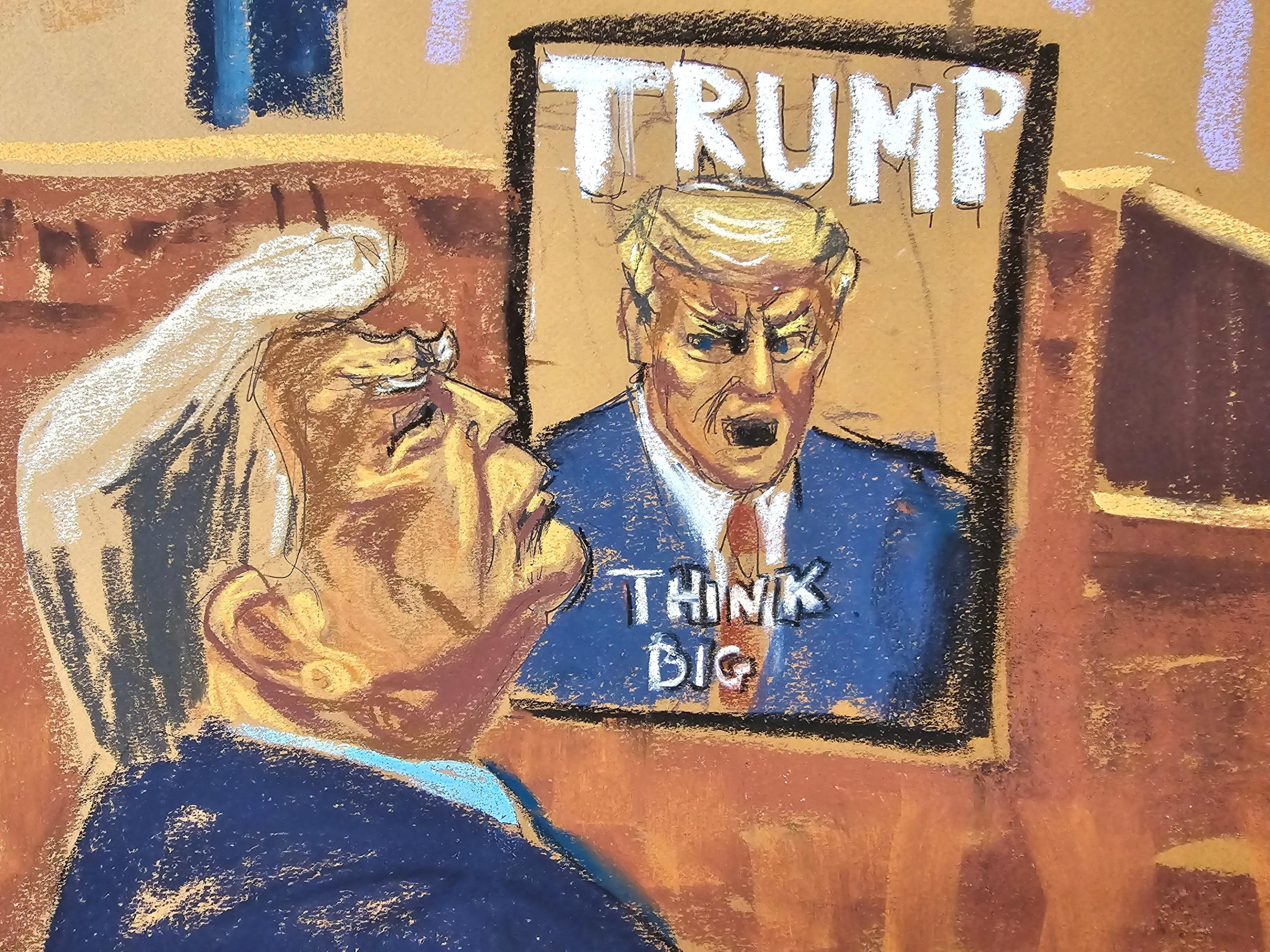 Trump listens to testimony as the cover of one of his books is shown in court on May 9. 