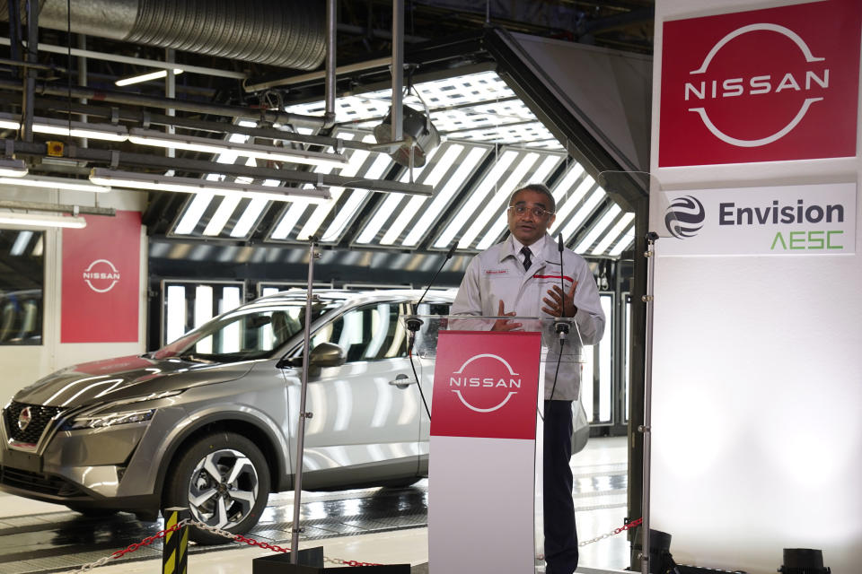 Nissan's Chief Operating Officer Ashwani Gupta speaks, during a news conference, at the Nissan Motor Co. plant, in Sunderland, England, Thursday July 1, 2021. Japanese carmaker Nissan and two partners announced plans to invest 1 billion ($1.4 billion) pounds to produce a new model of an all-electric vehicle and batteries in northeast England, a major victory for the U.K. government’s efforts to attract jobs and investment following the country’s departure from the European Union. (Owen Humphreys/PA via AP)