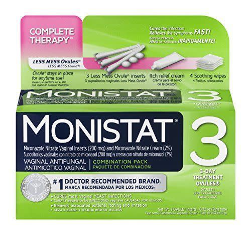 <p><a href="https://www.amazon.com/Monistat-Vaginal-Antifungal-Relief-Treatment/dp/B000UZGHOS/?tag=syn-yahoo-20&ascsubtag=%5Bartid%7C2140.a.19916630%5Bsrc%7Cyahoo-us" rel="nofollow noopener" target="_blank" data-ylk="slk:Shop Now;elm:context_link;itc:0;sec:content-canvas" class="link rapid-noclick-resp">Shop Now</a></p><p>Monistat Complete Therapy, 3 Ovule Inserts</p><p>Amazon</p><p>$15.99</p>