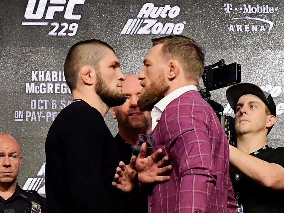 McGregor (right) faces off with Khabib Nurmagomedov before the highest-grossing event in UFC history (Getty Images)