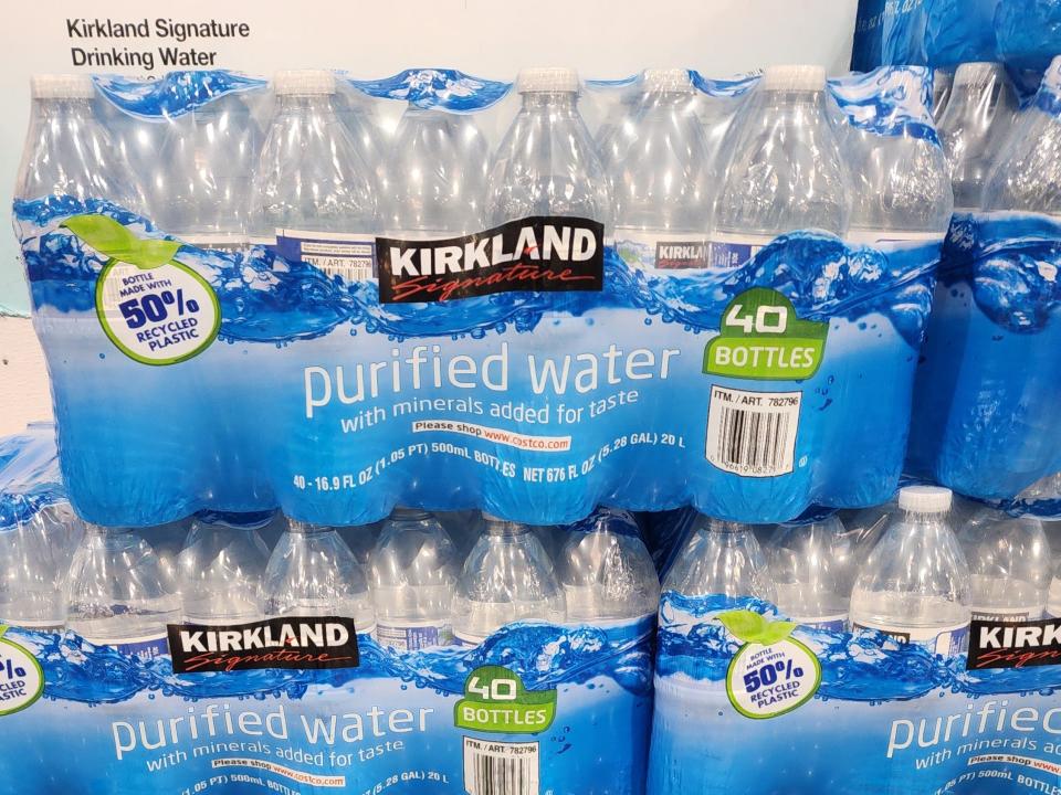 Packages of Kirkland Signature water bottles