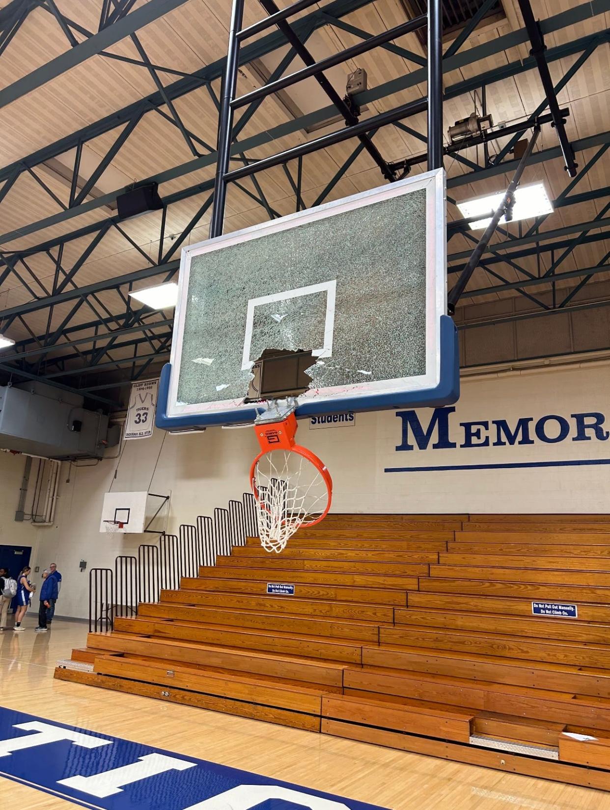 The basketball goal at Memorial High School's Kent Athletic Center was shattered on Thursday, Feb. 1 by a senior boys basketball player.