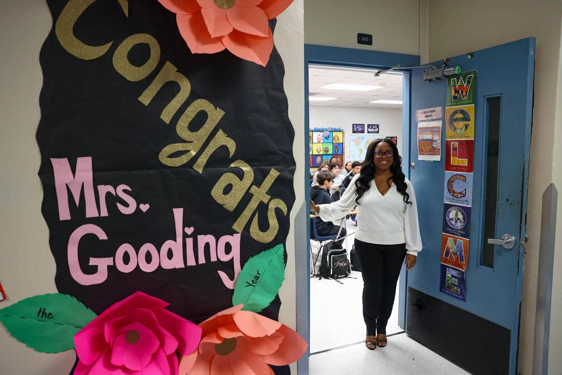 Khristal Gooding stands by her classroom door at Robert Morgan Educational Center on Wednesday, Jan. 25, 2023, in Miami. Gooding, who teaches history, is the finalist for the 2024 Francisco R. Walker Teacher of the Year for Miami-Dade Public Schools for the southern part of the district.