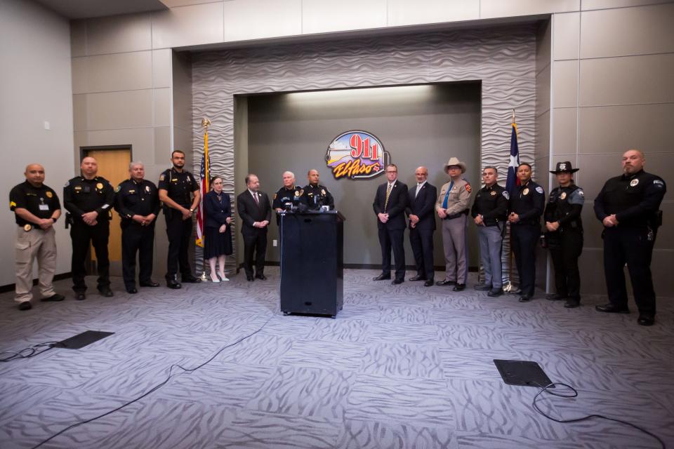 El Paso FBI and other law enforcement agencies discuss school threats at a news conference at the El Paso Regional Communications Center on Tuesday.