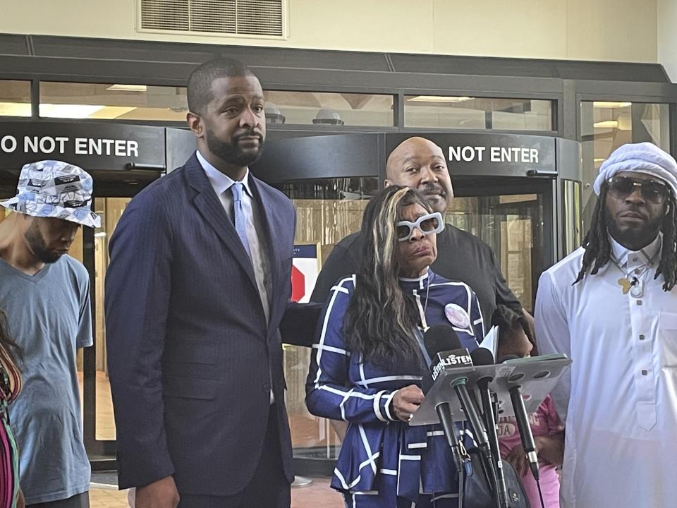 Nyra Fields-Miller, the mother of Ricky Cob II, a Black man who was killed by a Minnesota state trooper in July, speaks at a news conference Tuesday, June 4, 2024. Fields-Miller and other family members criticized local prosecutors for dropping a murder charge against the trooper this week. (AP Photo/Michael Goldberg)