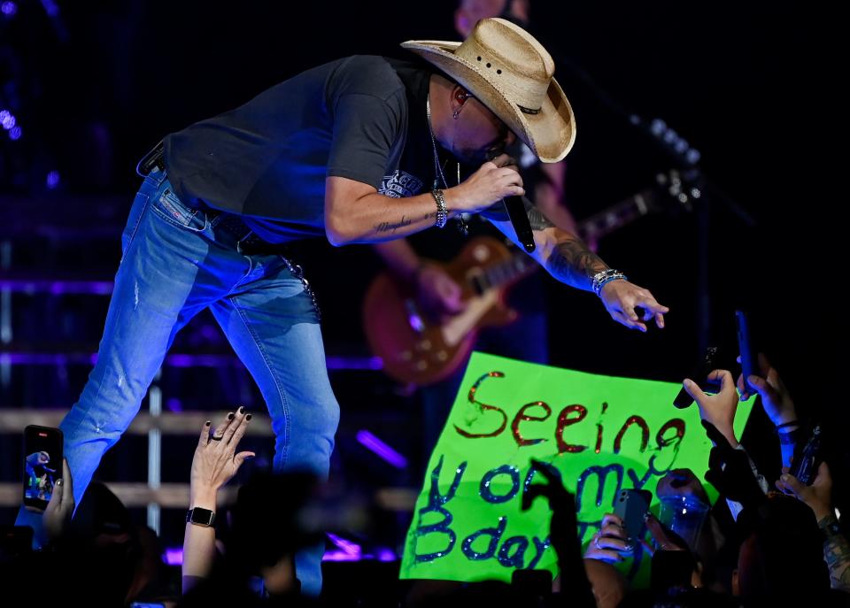 Jason Aldean performs during his Rock N’ Roll Cowboy Tour at Bridgestone Arena Friday, Oct. 14, 2022, in Nashville, Tenn. 