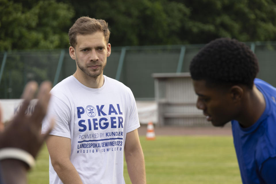 Makkabi Berlin captain Doron Bruck during training in Berlin, Germany, Tuesday, May 21, 2024. Makkabi became the first Jewish club to play in the German Cup and it's bidding to reach the competition again on Saturday, May 25, when it plays Victoria Berlin in the Berlin Cup final. (AP Photo/Ciaran Fahey)